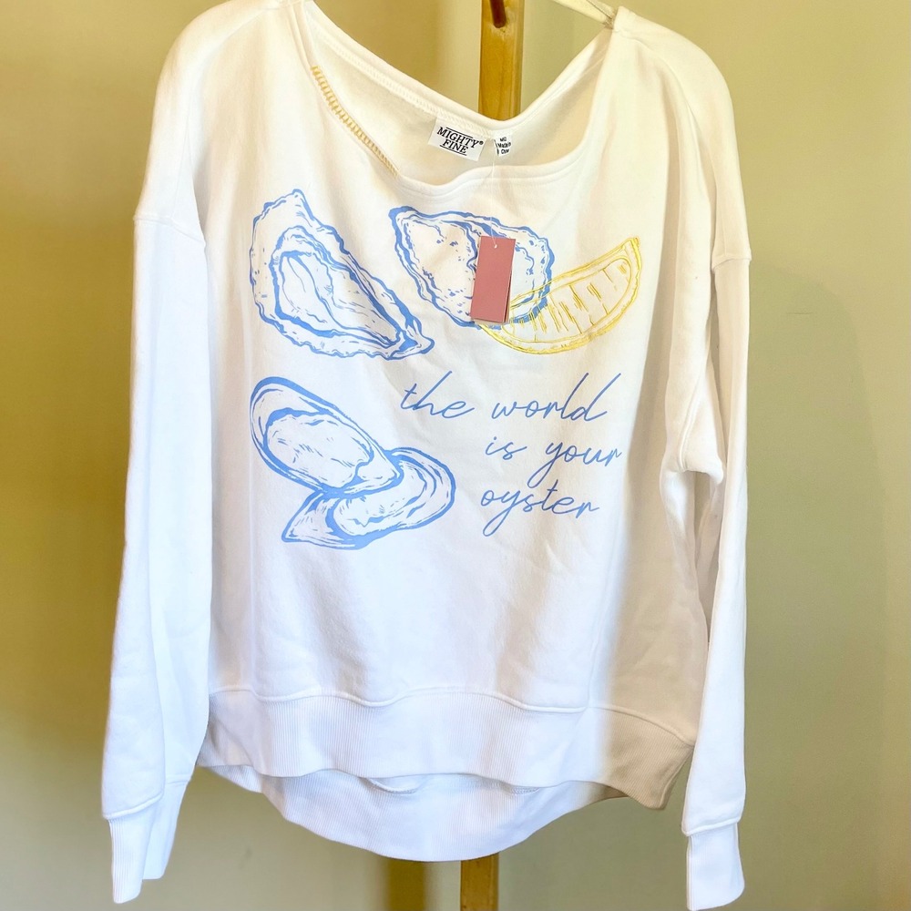 Mighty Fine The World Is Your Oyster White Off Shoulder Graphic Sweatshirt M